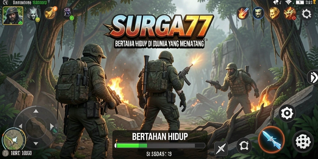 Antarmuka SURGA77 menampilkan elemen Bertahan Hidup yang menarik dan interaktif.